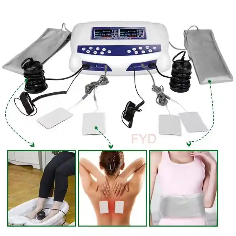 Dual ionic foot detox spa machine with FIR belts and pulse pads for two-person home body cleanse and massage therapy.