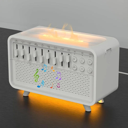 White sound machine for sleep with flame effect, sliders, and control buttons on a white rectangular body.