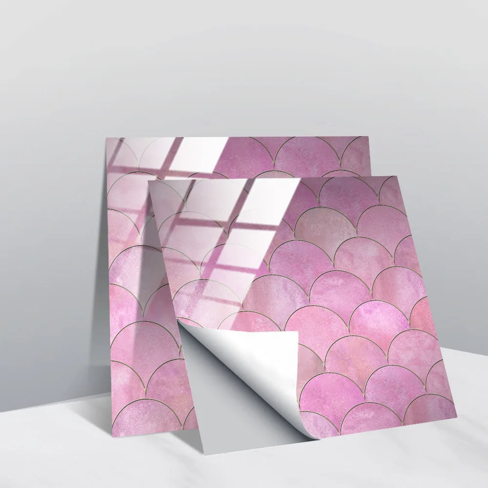 Self-adhesive faux tile wall stickers, pink scaly arc pattern with tile accents