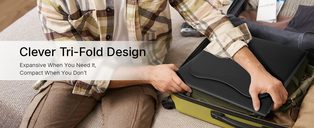 Hello Face L7 tri-fold red light therapy pad packing into a travel suitcase for portable full-body wellness.