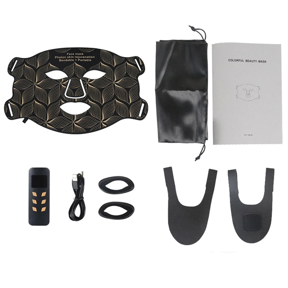 8-color LED light therapy face and neck mask kit with remote, charging cable, and storage bag for anti-aging skin care.