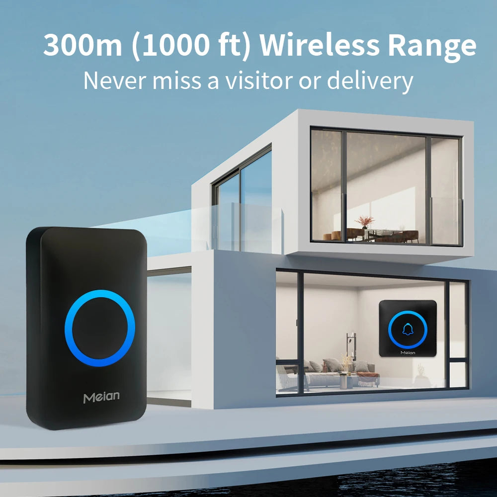Meian IP65 Waterproof Wireless Doorbell Smart Home Outdoor Door Bell 60 Ringtone 5 Volume Adjustable LED Flash Smart Door Bell