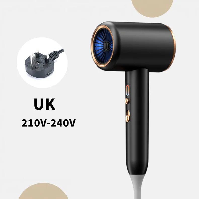 Black 2400W high-speed ionic hair dryer with UK plug, blue light technology, and sleek professional salon design.