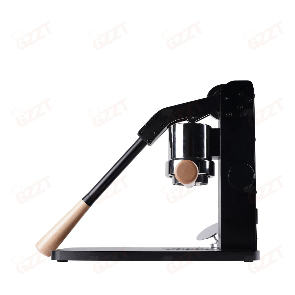 GZZT manual lever espresso maker in matte black steel with polished stainless steel and wooden handle accents.