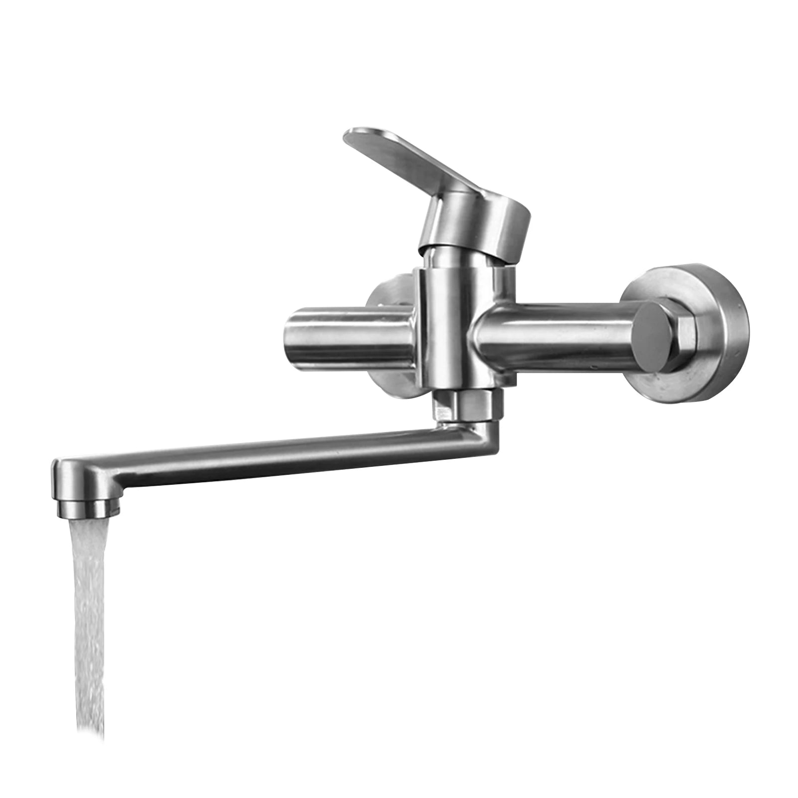 Silver Wall-Mounted Stainless Steel Rotatable Kitchen Faucet 360° Single Handle Hot and Cold Water Faucet For Both Homes Etc