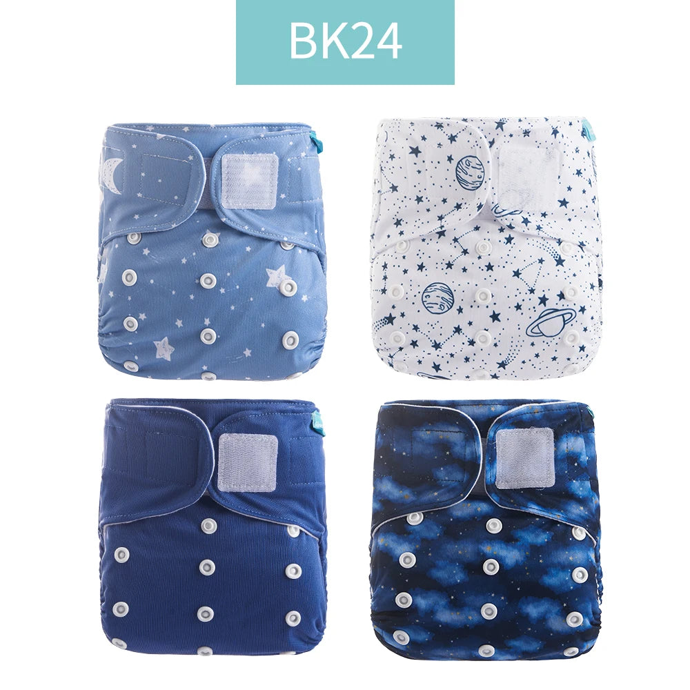 Four adjustable baby cloth diapers with space, star, and galaxy designs in shades of blue. Reusable diaper set.