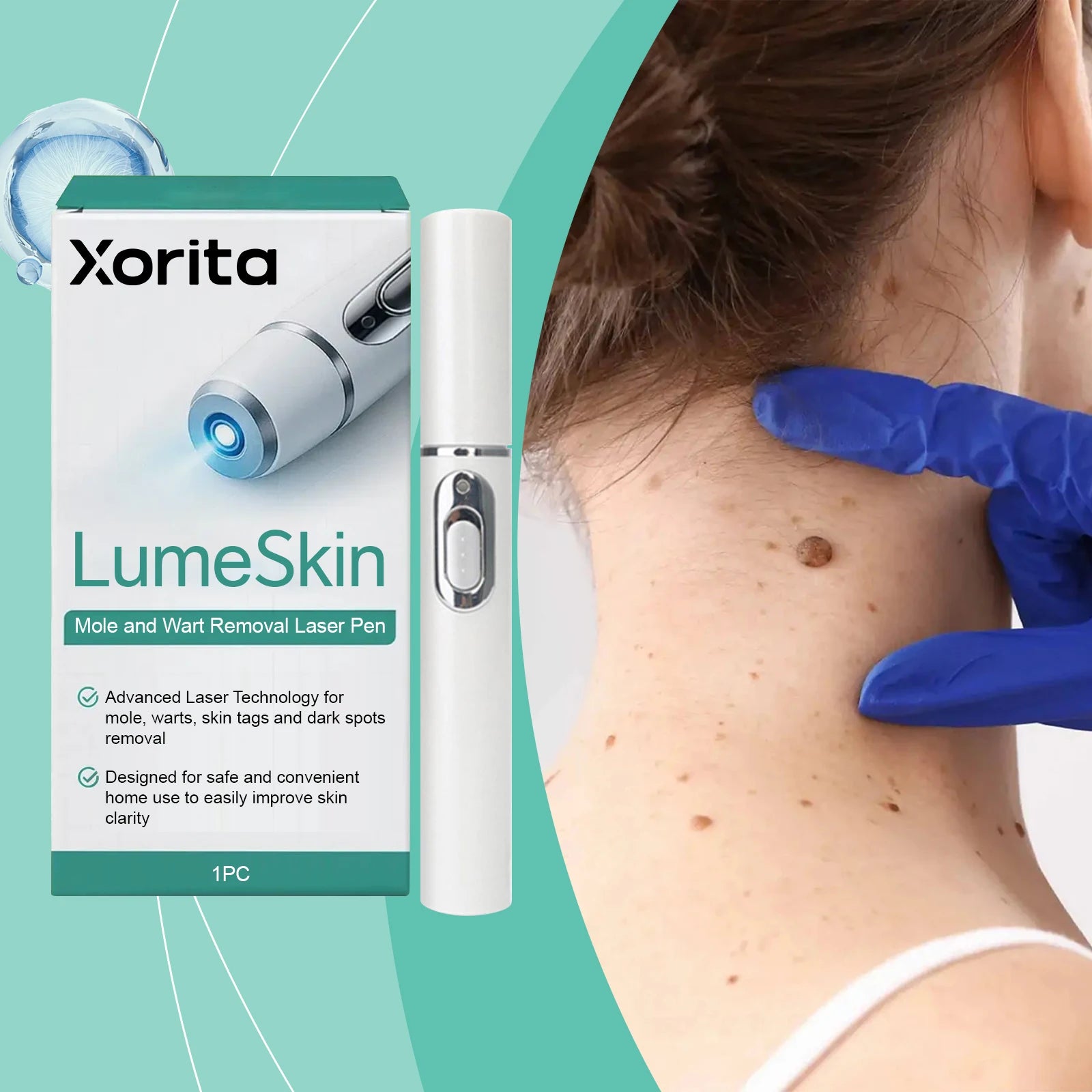 White LumeSkin laser pen for blemish removal, shown next to its packaging and a person's neck with skin spots.