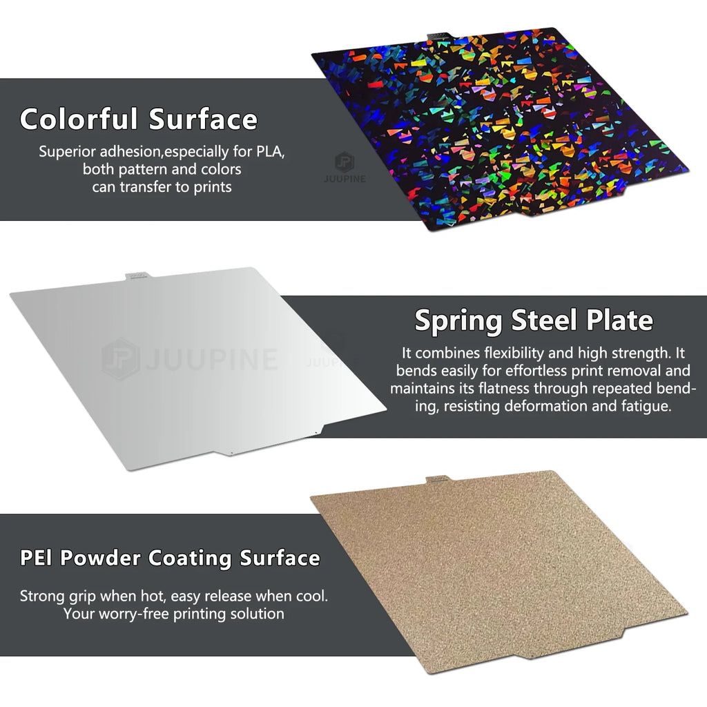 280x280mm QIDI Q2 build plate with PEO, smooth PEI, and spring steel for easy print removal and superior adhesion.