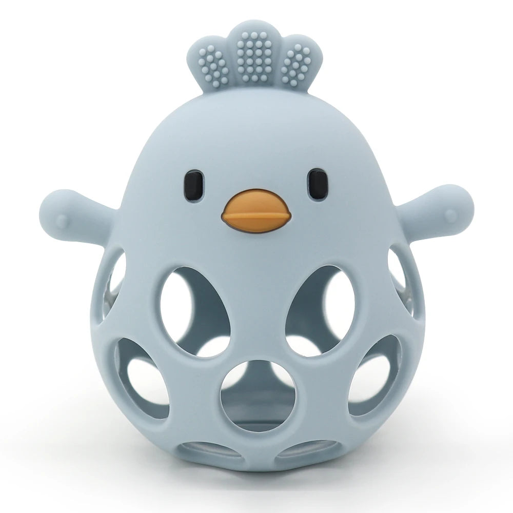 Blue silicone baby teething toy shaped like a cute bird for infant pain relief.