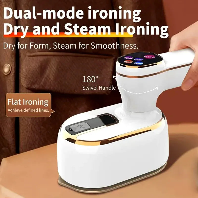 Handheld garment steamer with 180-degree swivel handle for dry and steam ironing garments.