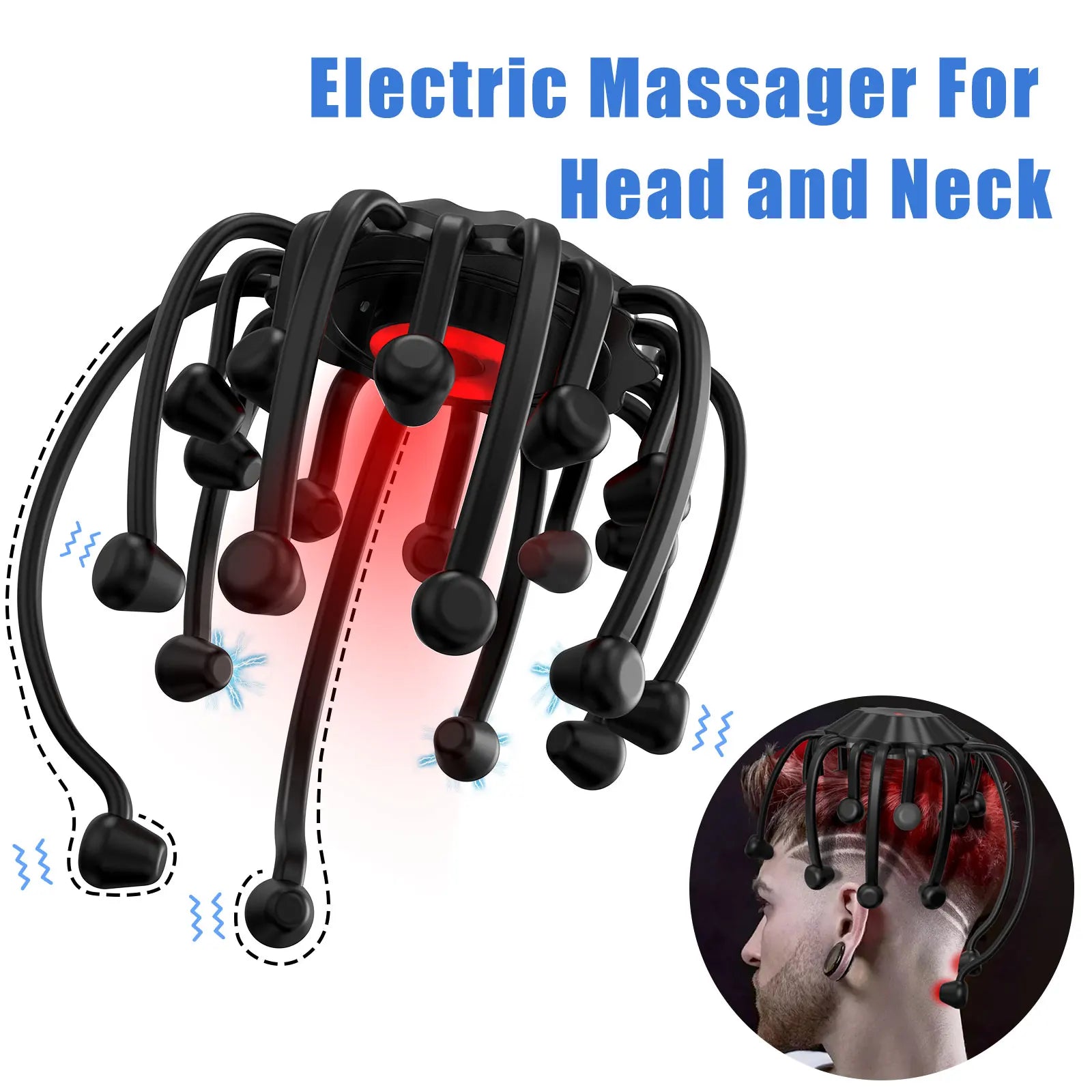 Electric Head Massager with Red Light Therapy - 5 Modes Black Relaxation Treatment Tidesmit