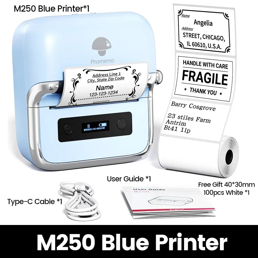 Blue thermal label maker kit with user guide, Type-C cable, and roll of labels