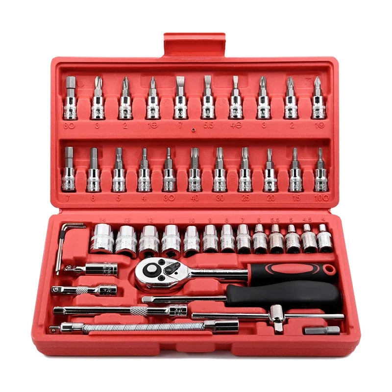 For Hous Auto Repair 46pc Drive Socket Set 1/4 inch Ratchet Wrench Set with Sockets Metric Hex Bit Socket Set Mechanic Tool Kits