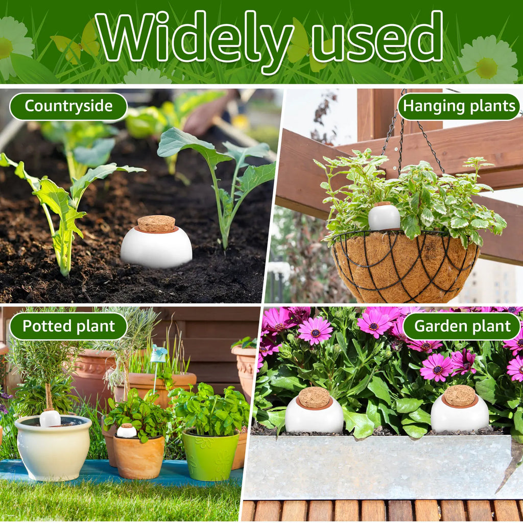 Ceramic self-watering spikes for potted, garden, and hanging plants, white and terracotta (4-pack)