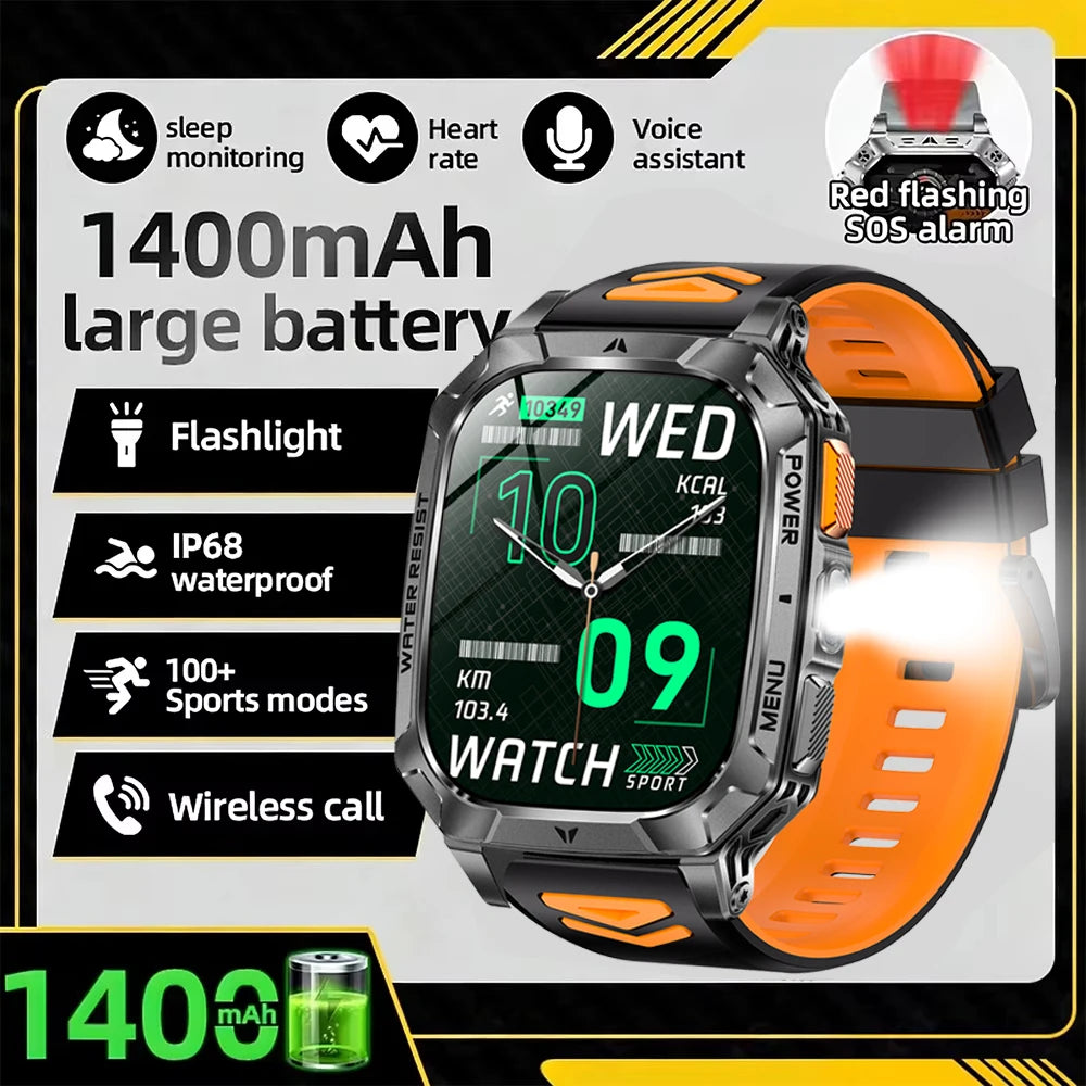Black smartwatch with orange highlights and textured silicone band, digital display