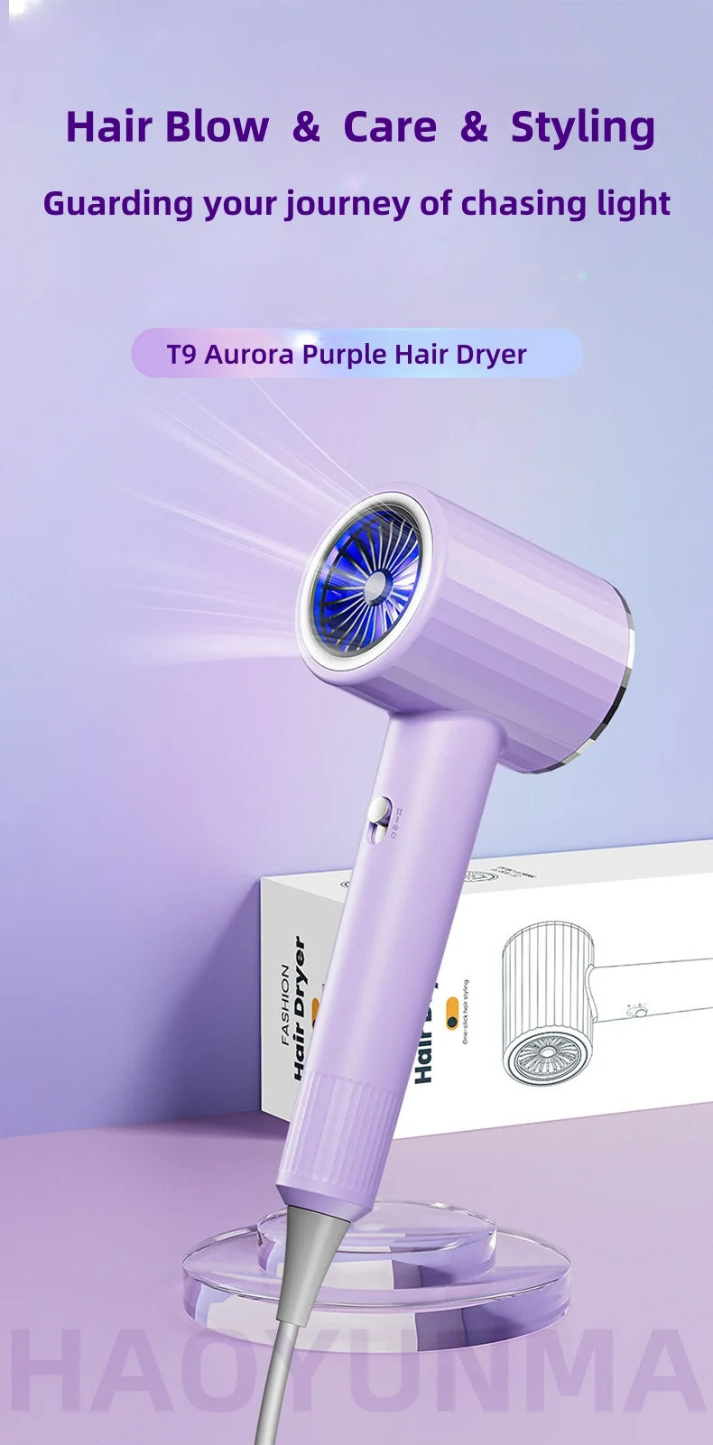 T9 Aurora purple 2400W ionic hair dryer with blue light, magnetic suction, and stand for professional quick drying.