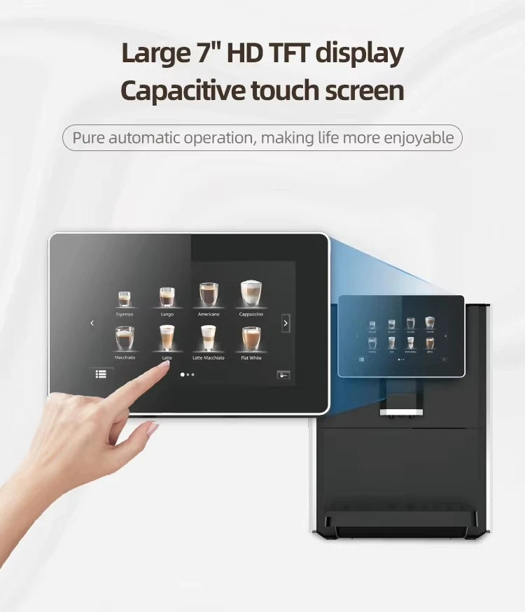 Black automatic coffee machine with 7-inch HD TFT capacitive touch screen interface for specialty coffee drinks.