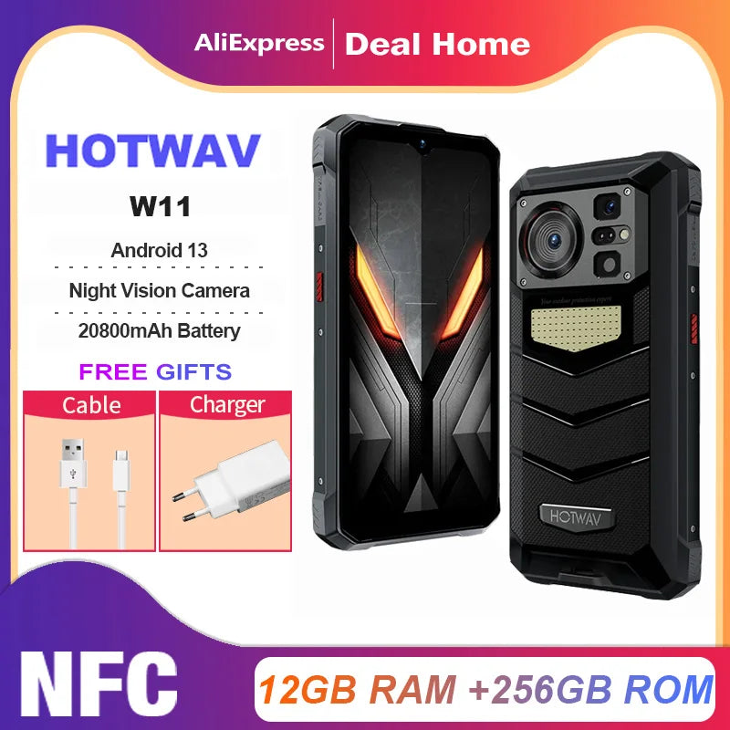 HOTWAV W11 Rugged Phone 20800mAh Battery 6.6 Inch FHD+ 12GB+256GB 33W Fast Charging 280LM Flashlight NFC Smartphone Android 13