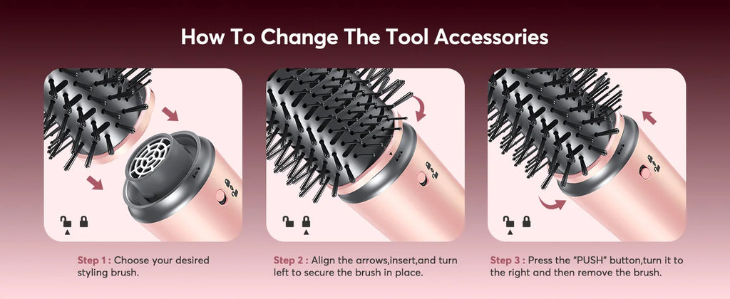 How to change attachments on 5-in-1 rose gold hot air styler brush with easy-to-use secure locking mechanism.