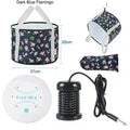 Foldable dark blue flamingo print foot spa basin with electric detox ionic array for home massage and fatigue relief.