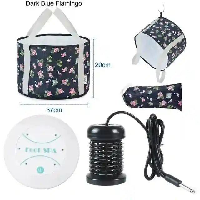 Foldable dark blue flamingo print foot spa basin with electric detox ionic array for home massage and fatigue relief.
