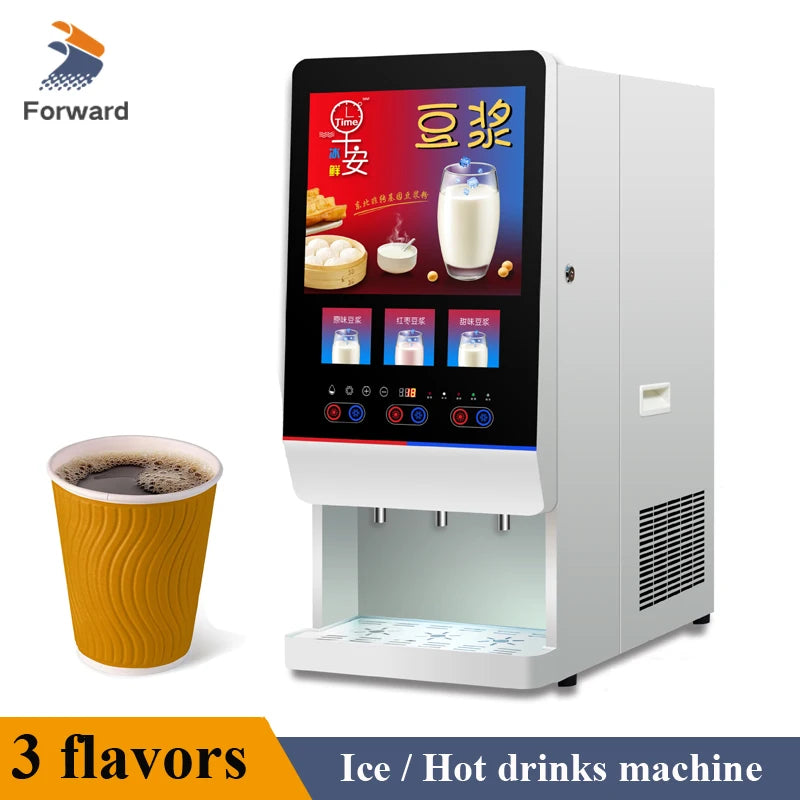 Forward white commercial 3-flavor soy milk and hot drinks machine with digital touchscreen display and paper cup.