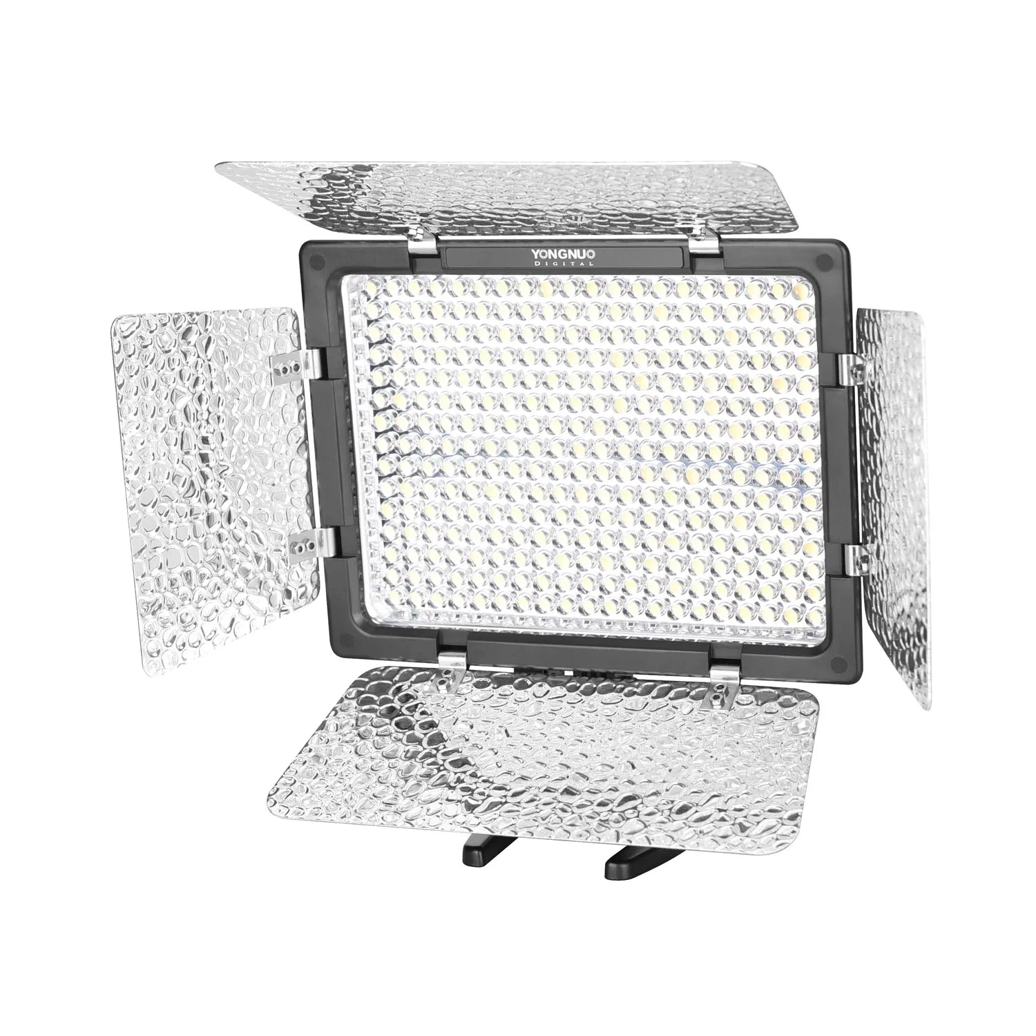 Rectangular LED video light with four adjustable, silver textured metal barn doors for shaping studio lighting.