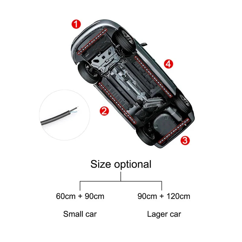 LED underglow light strips for cars, available in 60cm, 90cm, and 120cm lengths for chassis installation.