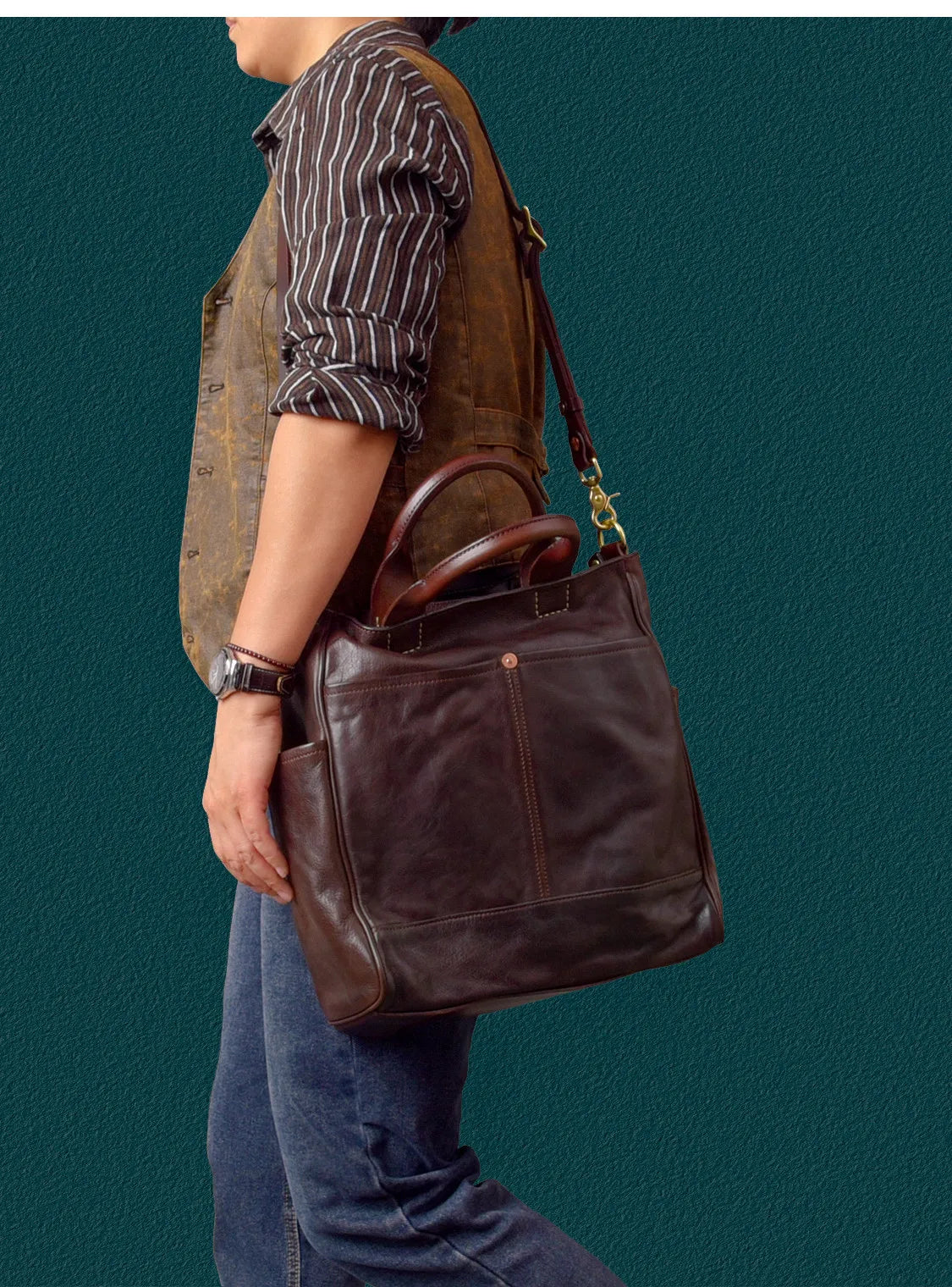 Fashion organizers designers handmade genuine leather men's tote bag outdoor travel luxury vegetable tanned cowhide handbags