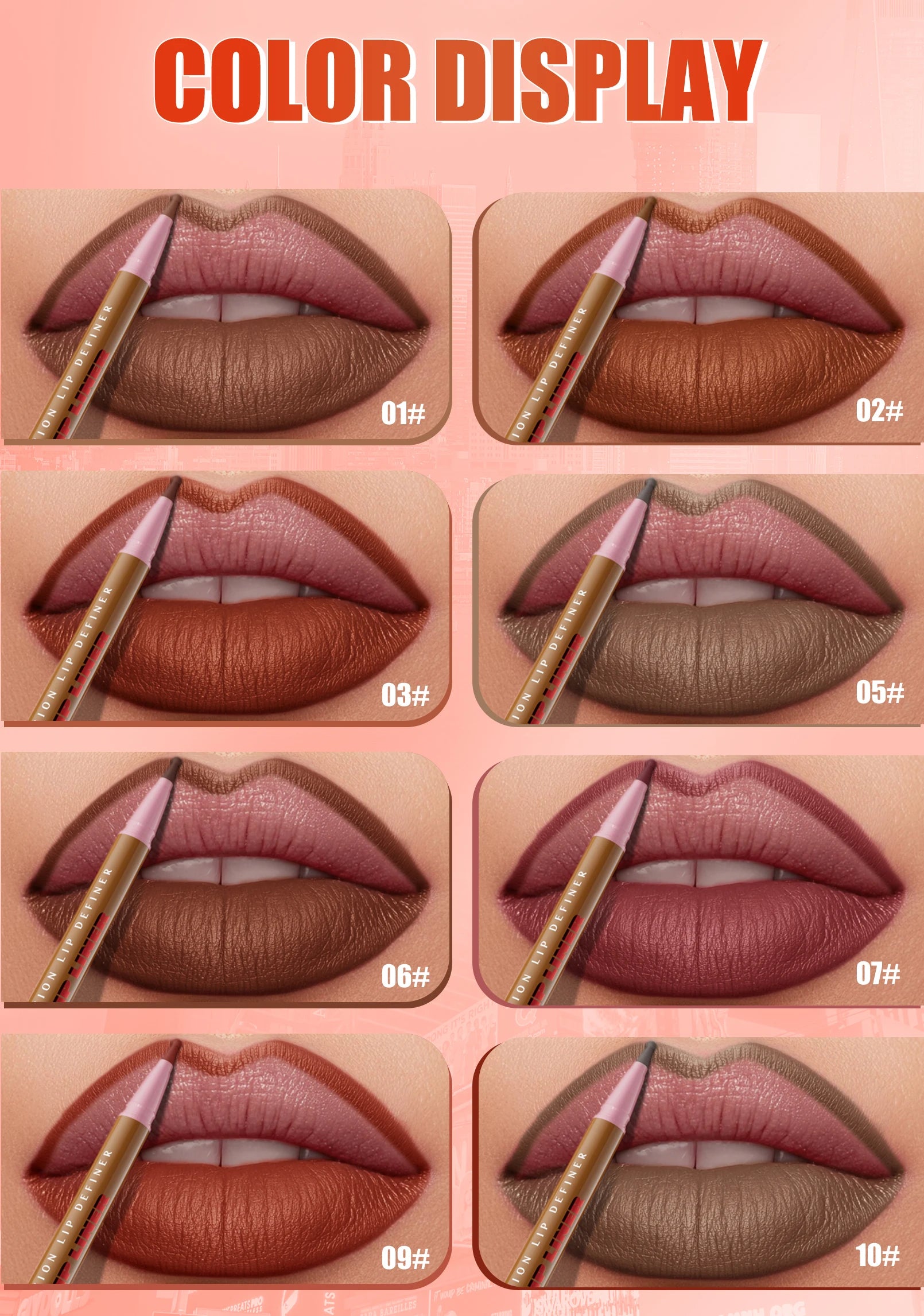 8-color waterproof matte lip liner pencil set showing natural shades on lips for defined, long-lasting lip makeup.