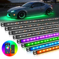 Multi-color LED underglow light strips for cars, controlled by a smartphone app or remote, showing various color modes.
