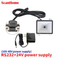 Fixed-mount barcode scanner with RS232 port, power adapter, and cable