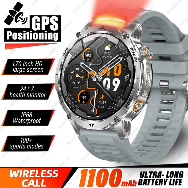 Outdoor GPS smartwatch with light gray silicone strap and metal bezel, rugged sports design