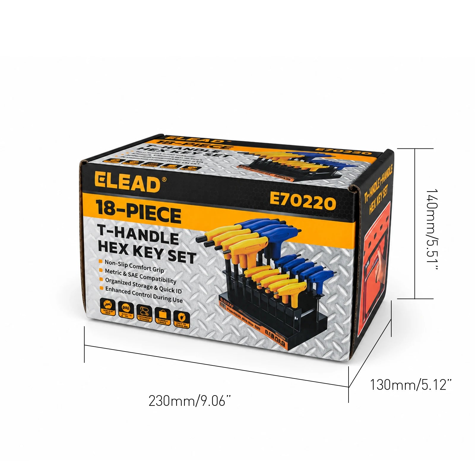 ELEAD 18Pcs T-Handle Hex Wrench Set, Metric & SAE, CR-V Steel W/ Storage Rack, Ergonomic Soft Grip for Repair DIY