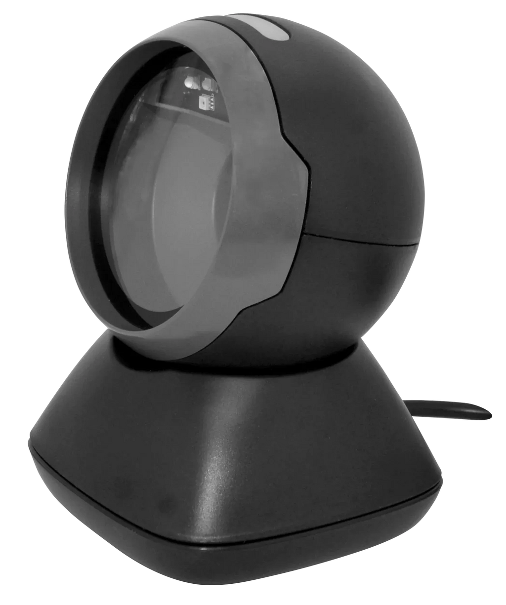 Black handheld-style desktop barcode scanner with curved head