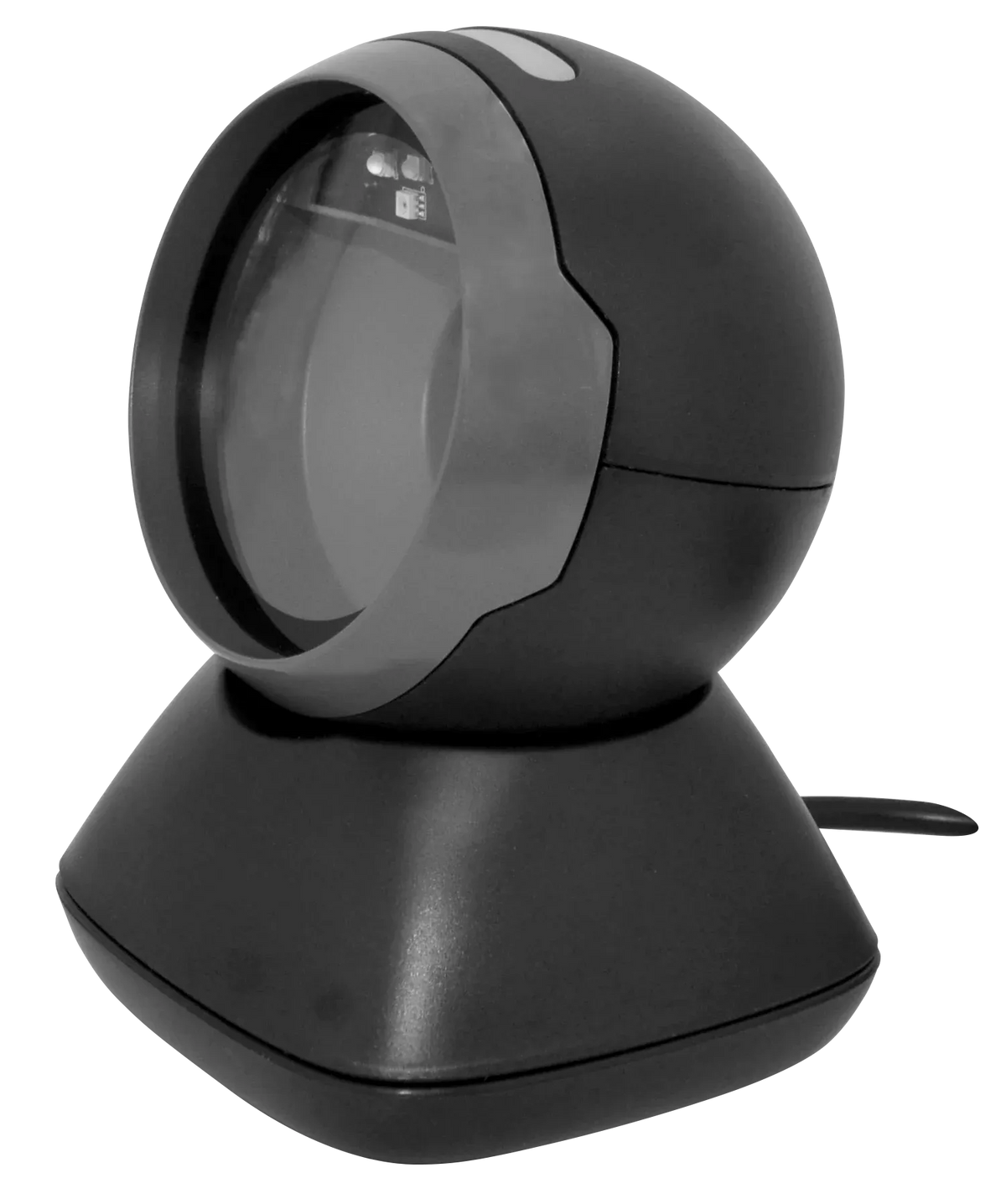 Black handheld-style desktop barcode scanner with curved head