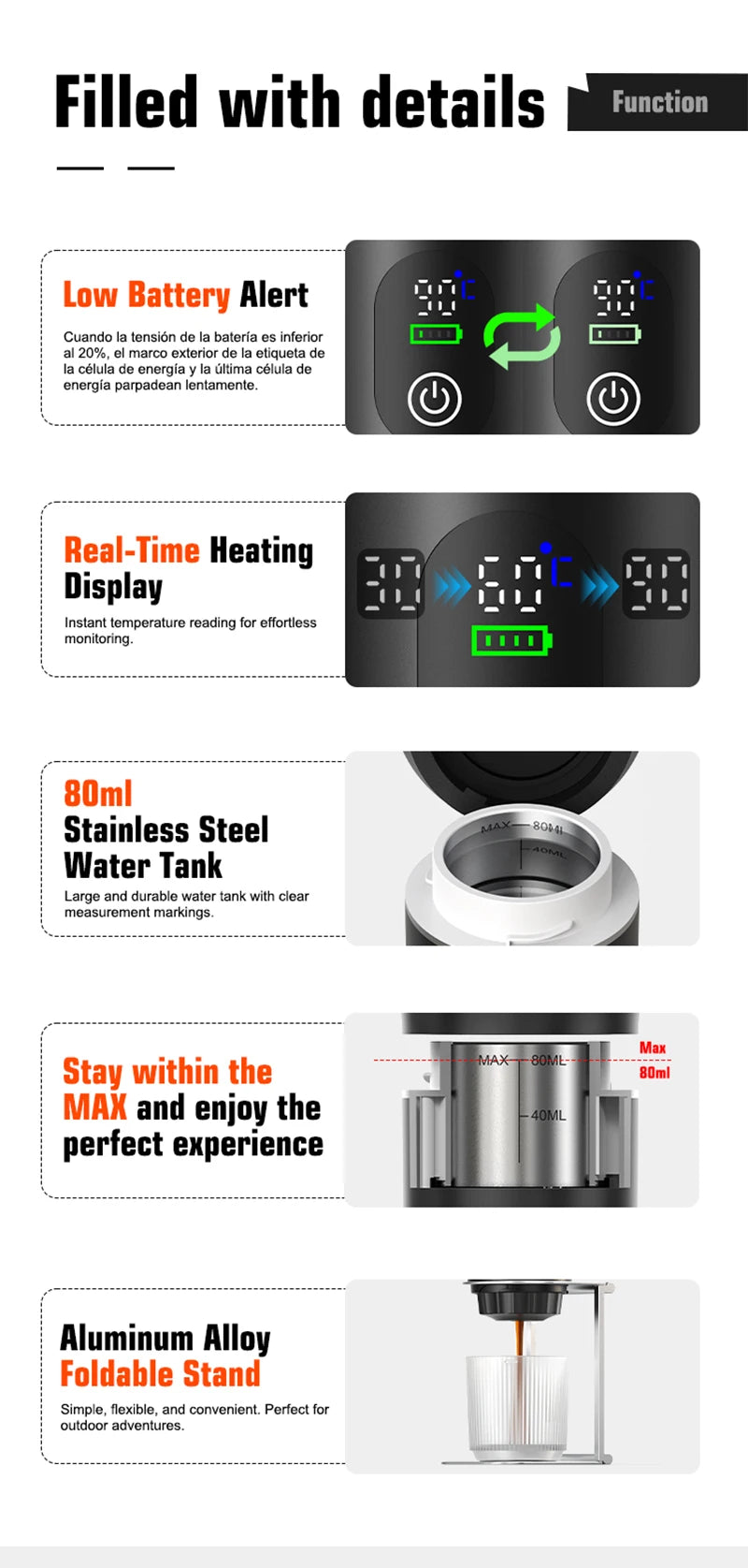 Portable coffee maker features: 80ml stainless steel tank, digital temperature display, and foldable aluminum stand.