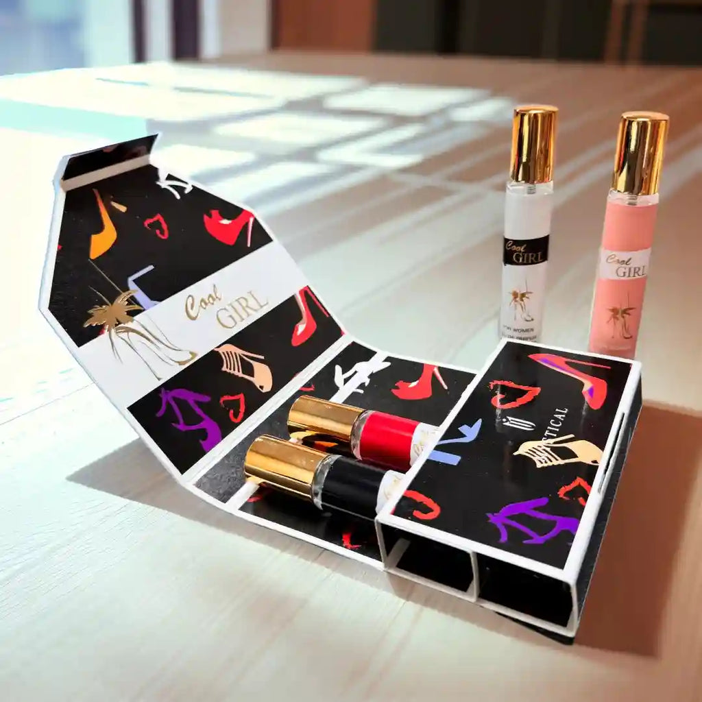 MYSTICAL Cool Girl travel perfume gift box. EDP spray set with gold caps, fresh scent for women. Perfect luxury gift.