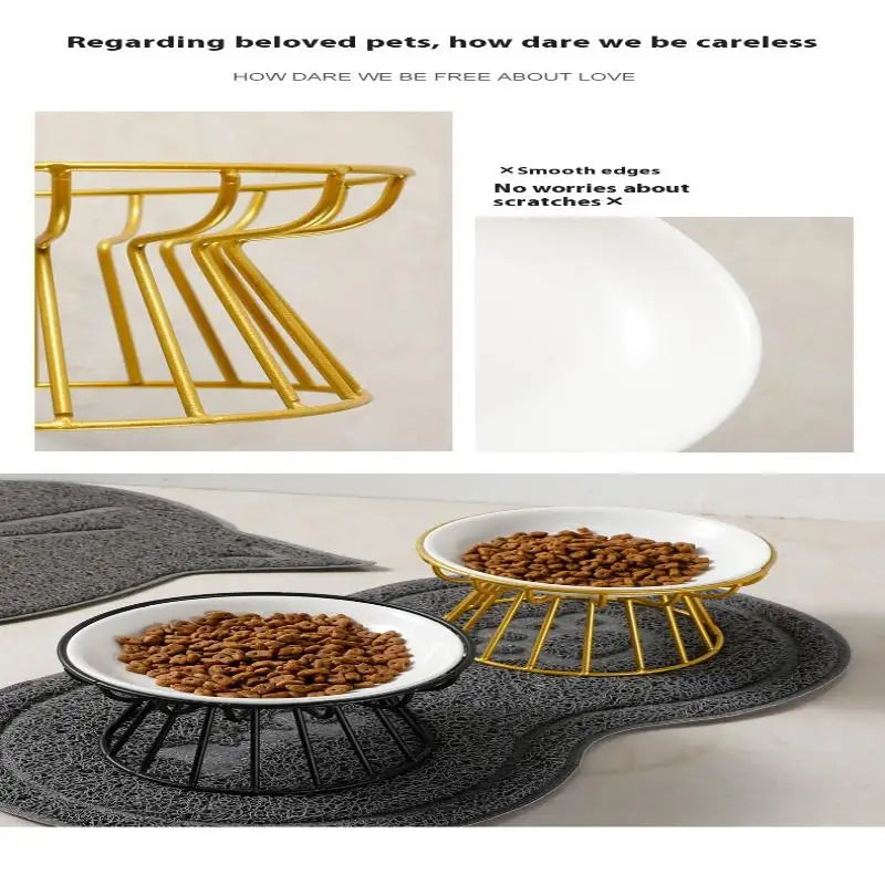 Raised ceramic cat and dog bowls with gold and black metal stands for easy, comfortable pet feeding.