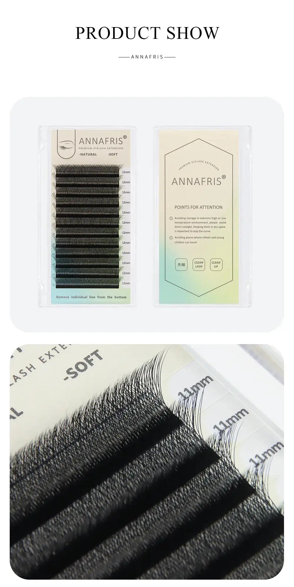 Black individual eyelash extension strips in a plastic tray, arranged in rows by length for professional application.