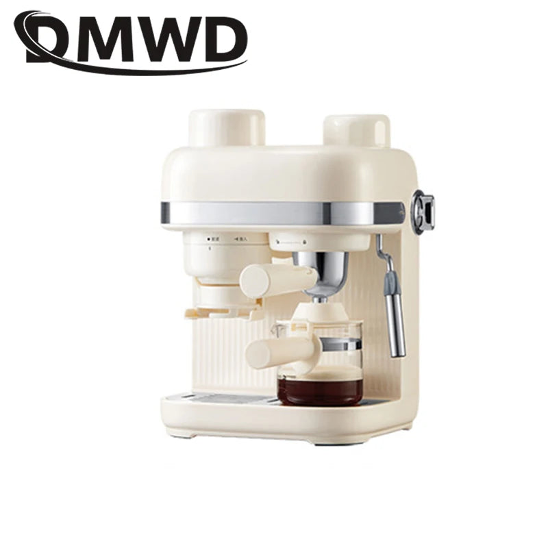 MWD cream-colored espresso machine with steam wand, portafilter, and glass coffee carafe on a compact base.