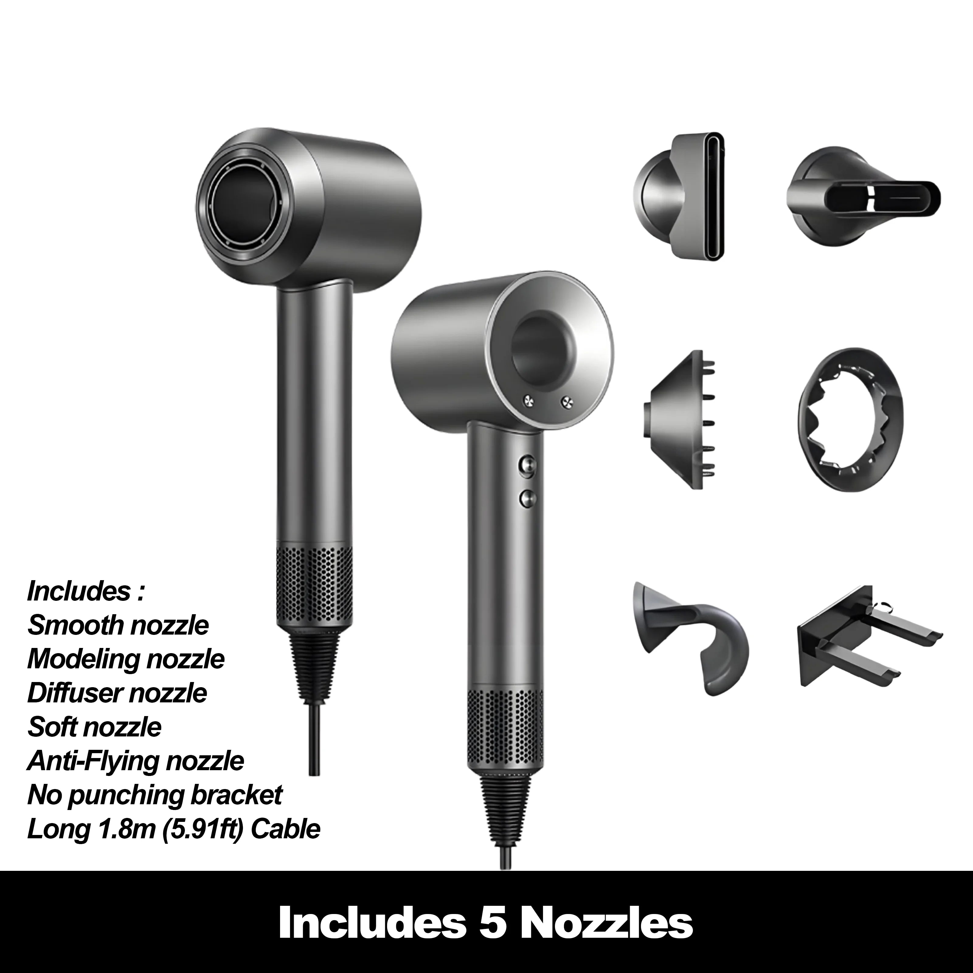 Grey high-speed ionic hair dryer with 5 styling attachments, wall bracket, and intelligent heat control technology.
