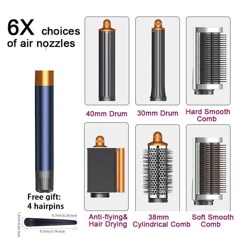SenCiciMen 6-in-1 multi hair styler set with grey and gold curling barrels, brushes, dryer, and 4 free hairpins.