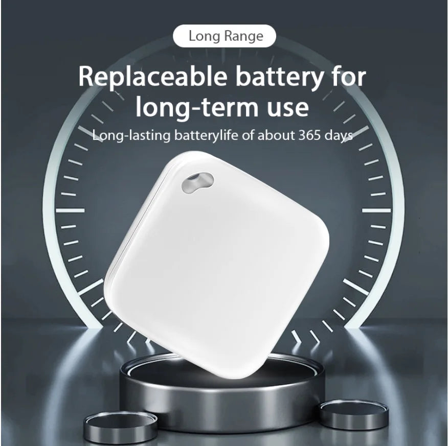 White smart GPS tracker for pets and keys, Apple Find My compatible with 365-day replaceable battery for easy tracking.