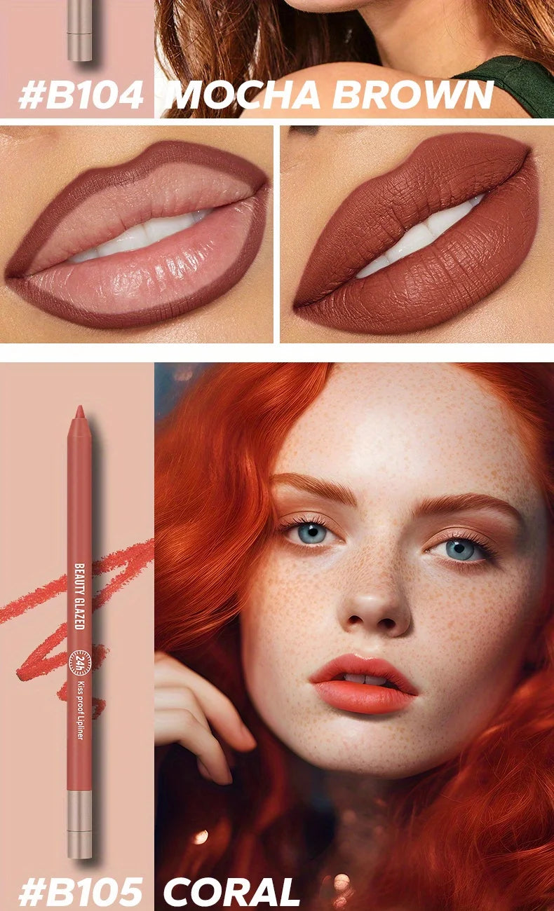 Beauty Glazed waterproof matte lip liner pencil in Mocha Brown and Coral for natural, high-pigment lip shaping.