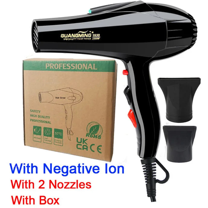 Black 2100W professional hair dryer with 2 concentrator nozzles and box. Salon-grade blow dryer for fast styling.