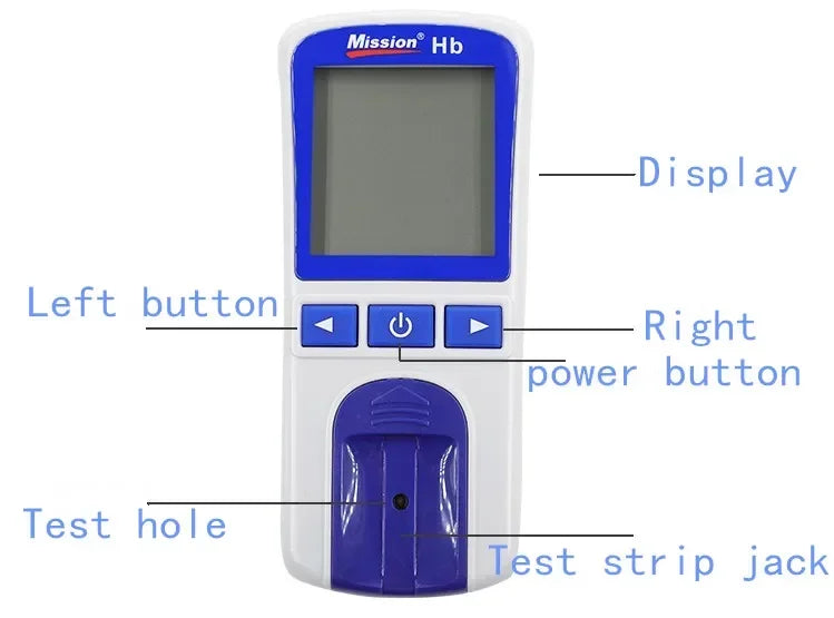 Mission Hb Hemoglobin testing meter with digital display, power button, and test strip jack for home anemia screening.