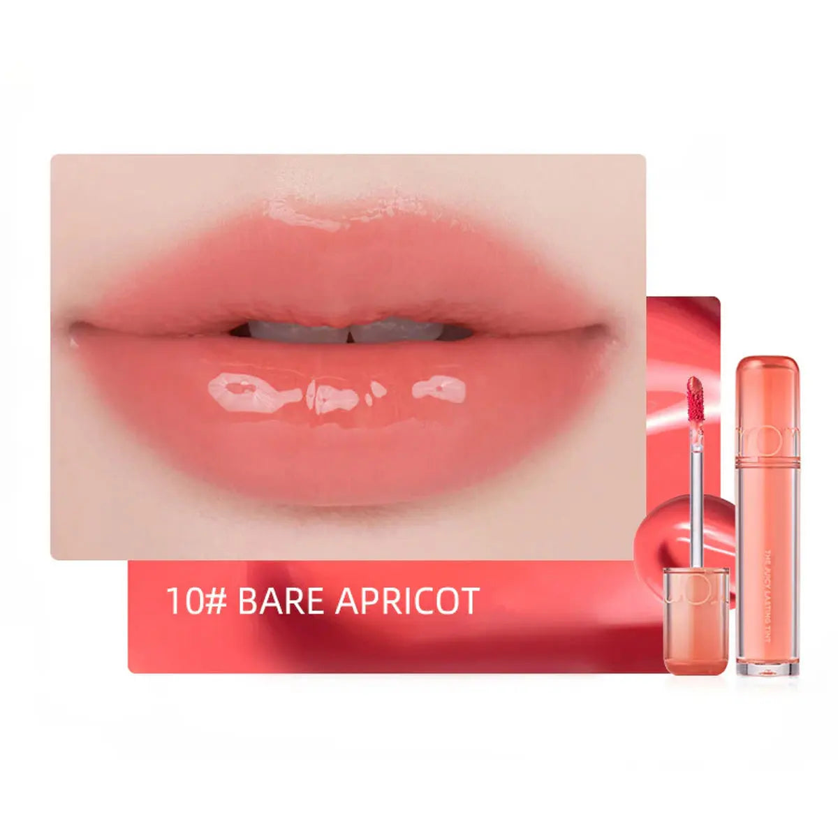 rom&nd Juicy Lasting Tint in 10 Bare Apricot: glossy, hydrating Korean lip makeup with a soft, peach-toned finish.