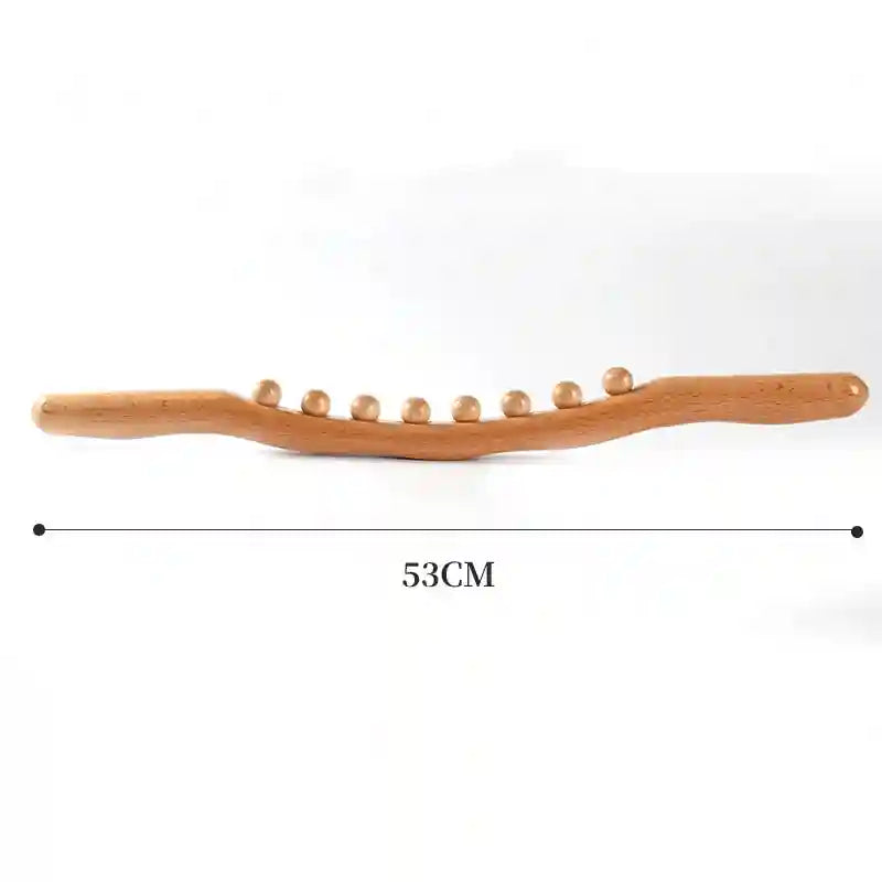 53cm wooden massage stick with a curved handle and eight smooth rolling beads for back and body relief.