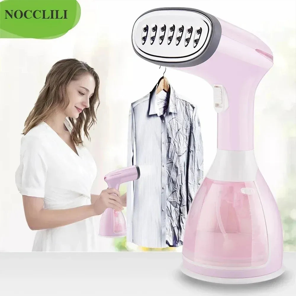 Handheld garment steamer in pink smoothing a wrinkled shirt, offering fast wrinkle removal for clothes.
